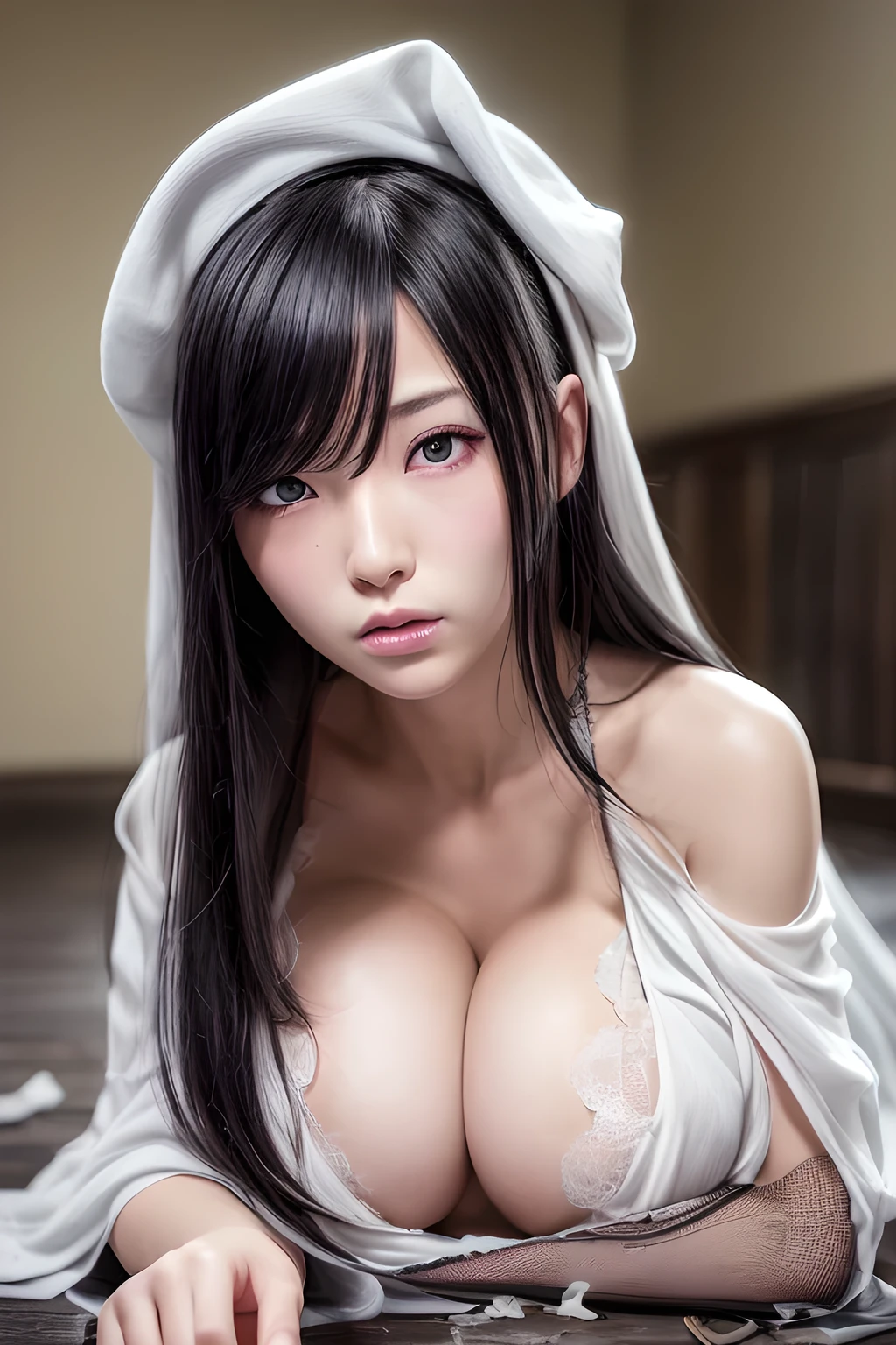 Realistic Japanese Horror movie taste picture, ((masterpiece)), (best quality), (absurdness quality), high resolution, 32k, (photorealistic:1.4), black hair, hyper realistic photo Sadako, (((torn, sexy white dress))), ((grey skin)), long hair over eyes, eyes covered face, fully hidden face by long hair, spooky woman, messy abandoned house, dark atmosphere, ultra huge cleavages, full body shot, entire room view, (crawling on hands and knees on the floor), slender body, add nurse hat, large breast, detailed breast. (Facing the viewer) , Beautiful face, (upon body from head to waist:1.35), tyndall effect, photorealistic, 8k uhd, dslr, high quality, volumetric lighting, candid, Photograph, high resolution, 4k, 8k, Bokeh, (hyper-realistic girl), (illustration), (high resolution), (extremely detailed), (best illustration), (beautiful detailed eyes), (best quality), (ultra-detailed), (masterpiece), (wallpaper), (photorealistic), (natural light), (rim lighting), (detailed face), (high detailed realistic skin face texture), (anatomically correct), (perfect hands), (correct fingers), (heterochromic eyes), (detailed eyes), (sparkling eyes), (dynamic pose), (loose hair:1.35), looking to viewer
