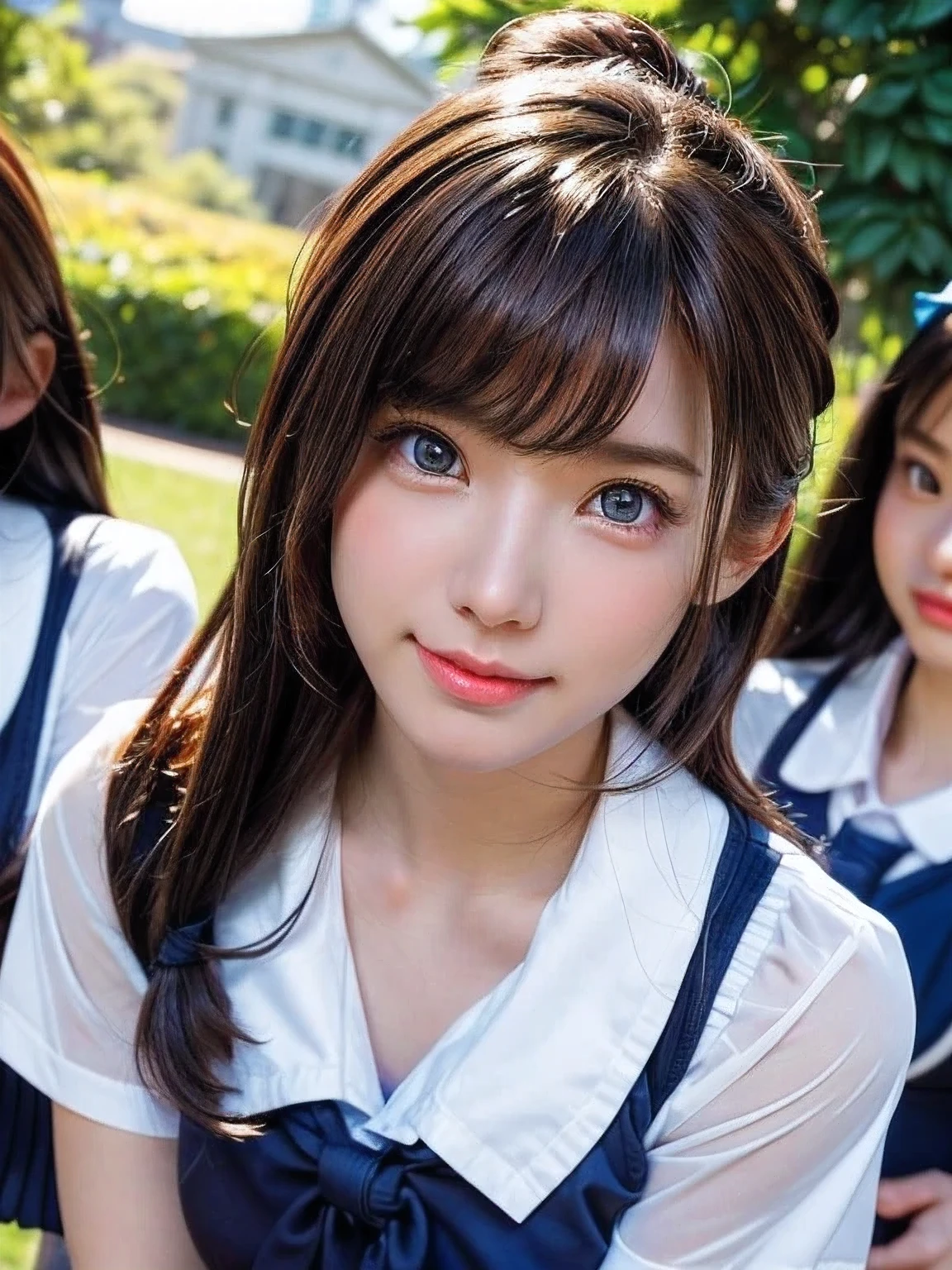 ((masterpiece, highest quality)), (Super detailed), ((super cute)), (Multi-point), ((very detailed)), 4k, highest quality, (beautiful), hyper cute face, Perfect Face, hyper genuineistic, Close-up, clear outline, (three cute school girls:1.5), (summer school girl uniform :1.3), ((beautiful eyes)), (leaning forward:1.3), natural skin texture, , romantic ambiance, Highly detailed CG, look shyly at the viewer
