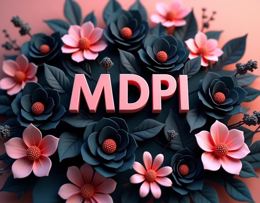 Many three-dimensional flowers surround"MDPI Production",Black and light pink as main colors