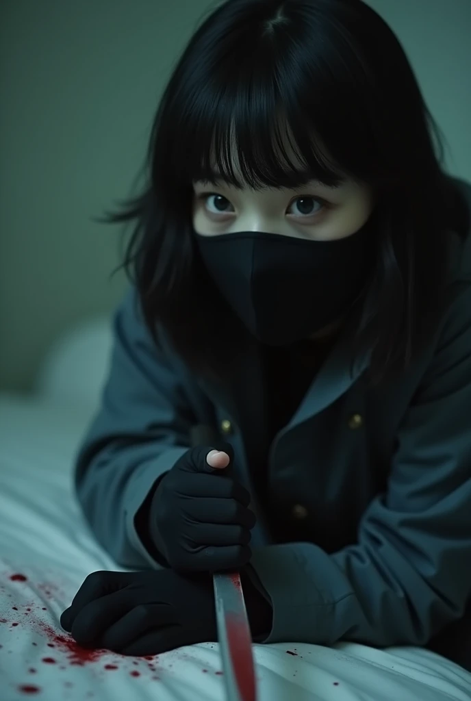 korean girl, (Behind , holding the knife), balaclava, black gloves, room , dark grey raincoat, holding the knife, black gloves, Woman on top, Behind , blood splash, in bed, mass murderer, killer, long side bangs 1960s bob haircut, blood splash, dark atmosphere, cinematic lighting, realistic atmospheric, close up, pale skin