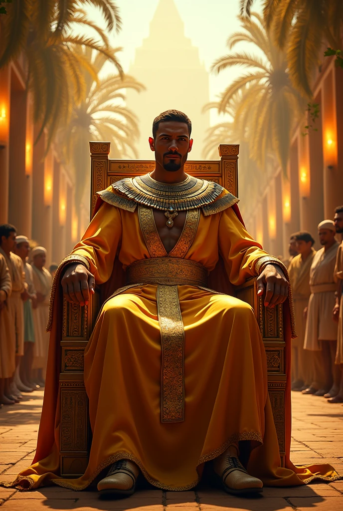 The king of Egypt who is a handsome
man
.The king of Egypt is dressed in a very perfect
dress and the king is sitting on a chair and people are looking at him.