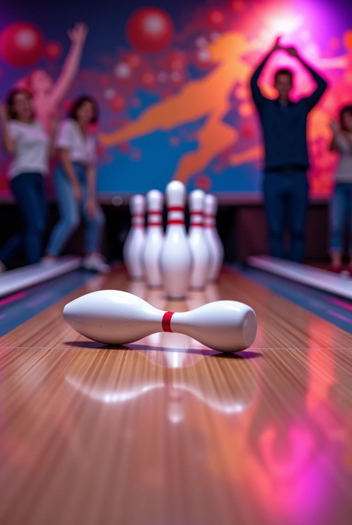 picture bowling lane 2 pins are knocked over, 7 still standing