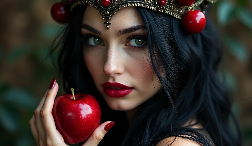 girl,Black long hair,Black Queen,Accessories,Apple in hand,Poison apples,Witch Queen,Red lipstick,close up