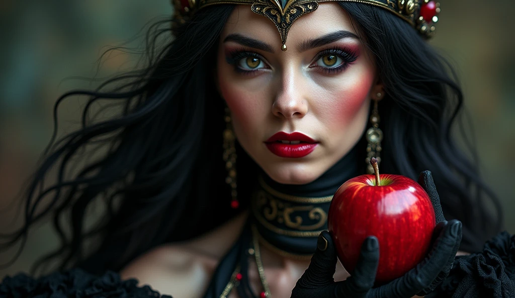 girl,Black long hair，Black Queen，Accessories，Apple in hand，Poison apples，Witch Queen，Red lipstick,close up