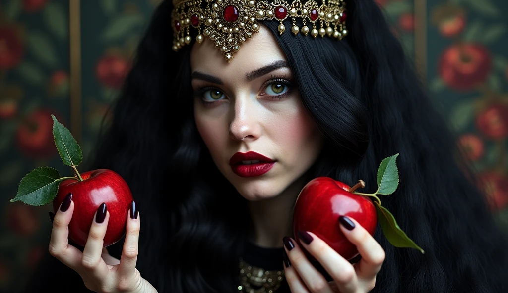 girl,Black long hair,Black Queen,Accessories,Apple in hand,Poison apples,Witch Queen,Red lipstick,close up