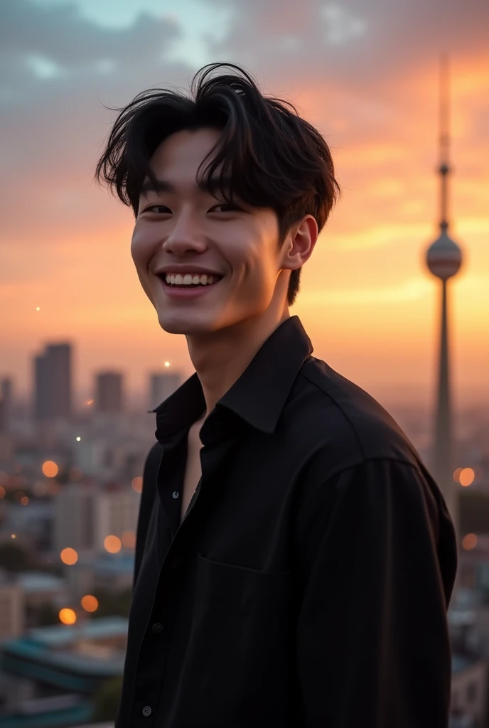 generates the image of bts jungkook with black hair, black shirt smiling sweetly