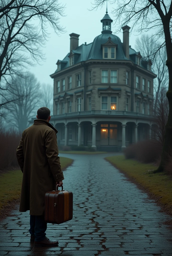 A return to the traveler from the first image, now looking up at the hotel with an understanding of its dark history. The sky remains overcast, with the hotel looming above, a place that holds more than meets the eye.