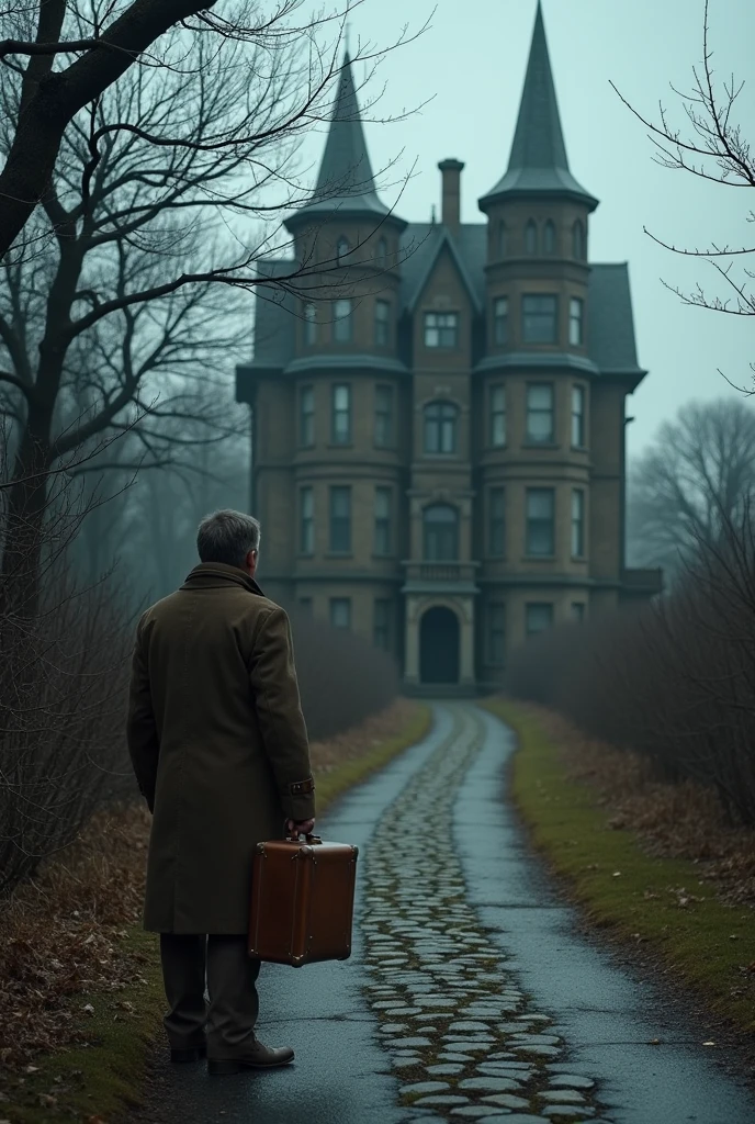 A return to the traveler from the first image, now looking up at the hotel with an understanding of its dark history. The sky remains overcast, with the hotel looming above, a place that holds more than meets the eye.