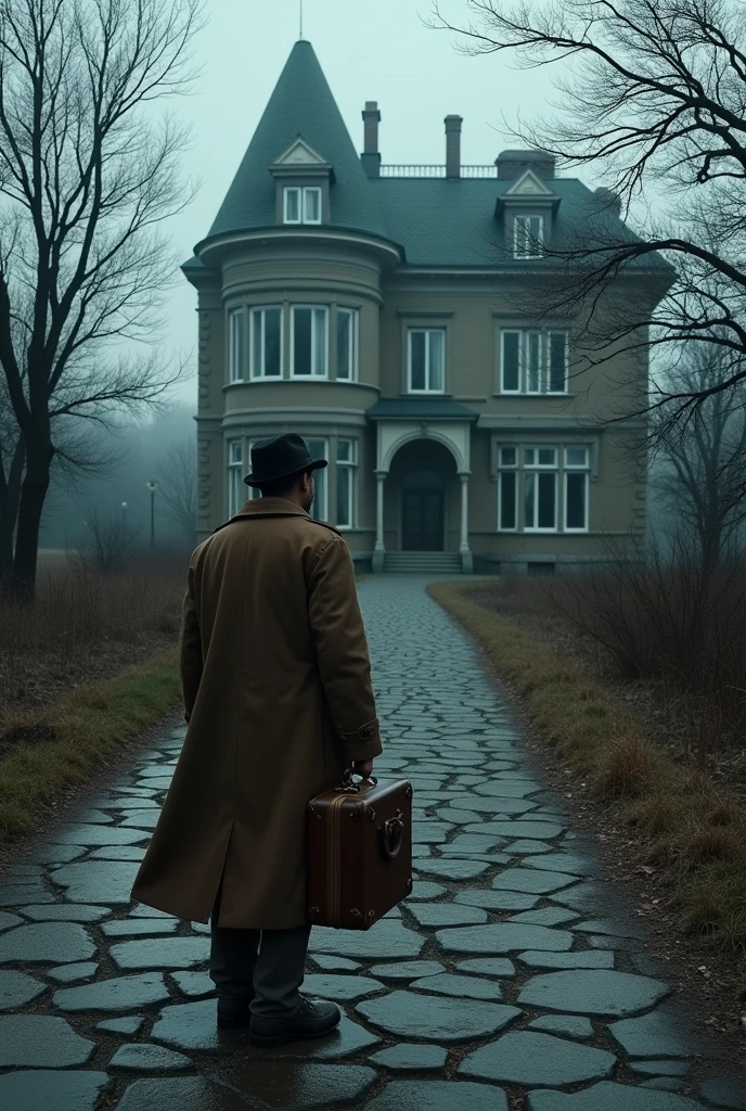 A return to the traveler from the first image, now looking up at the hotel with an understanding of its dark history. The sky remains overcast, with the hotel looming above, a place that holds more than meets the eye.