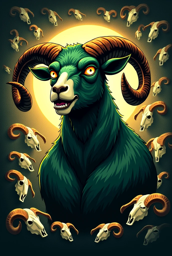 t-shirt design:
An animated adult lamb, furious, dark, with angry expression, frown and angry eyes, green color with gold, long curved horns, muscular, with a frontal view from the neck up Bottom filled with lamb skulls