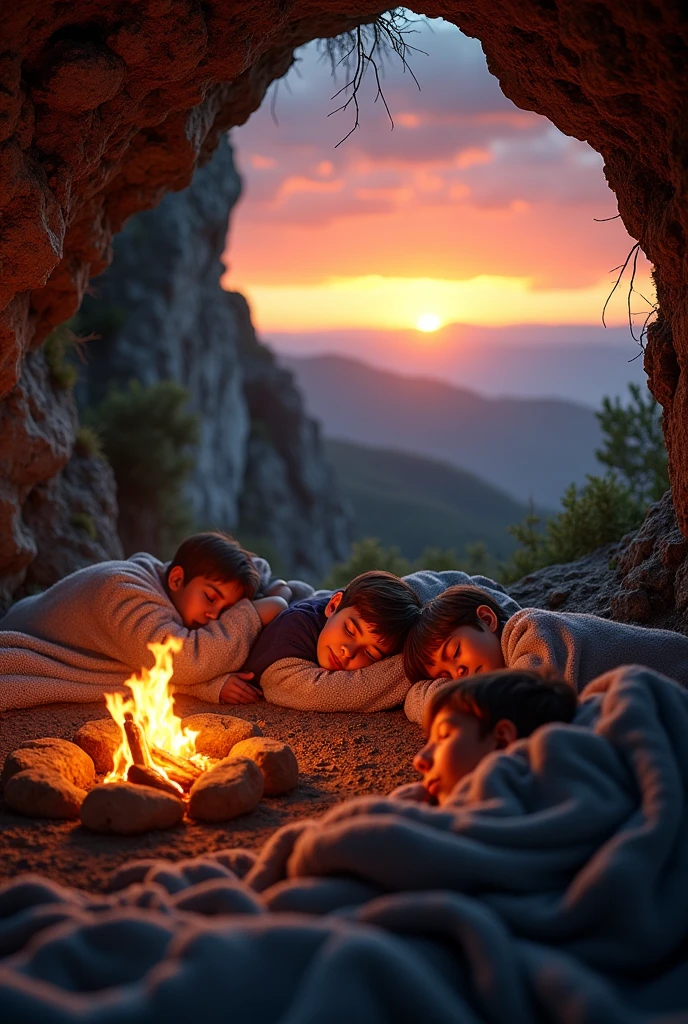 A group of  5 people's and a small boy age of 8 with a bright sunset.all the people's were slept in a cave with a fire camp