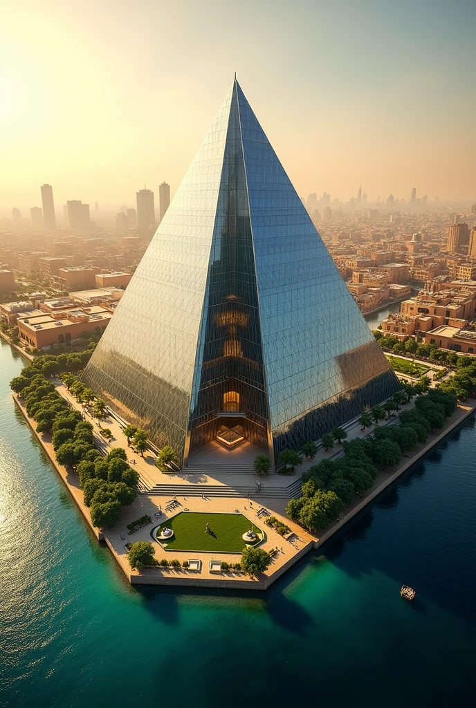 An aerial view of a majestic modern pharaonic pyramid government headquarters with traces of 21st century modern architecture on the banks of the Nile River contrasting with the surrounding city