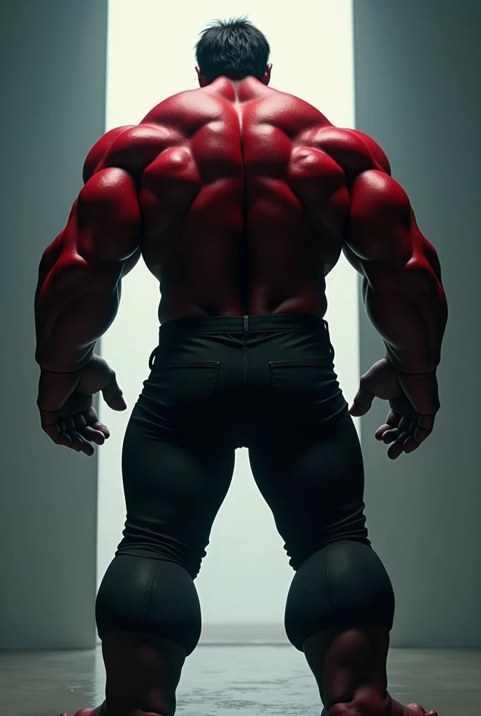 Modeled after The Incredible Hulk，HD 4k，Clean background，Red and black，Black trousers，Back，Threatening，cinematic perspective