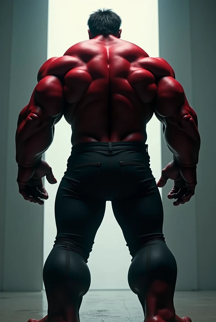 Modeled after The Incredible Hulk,HD 4k,Clean background,Red and black,Black trousers,Back,Threatening,cinematic perspective