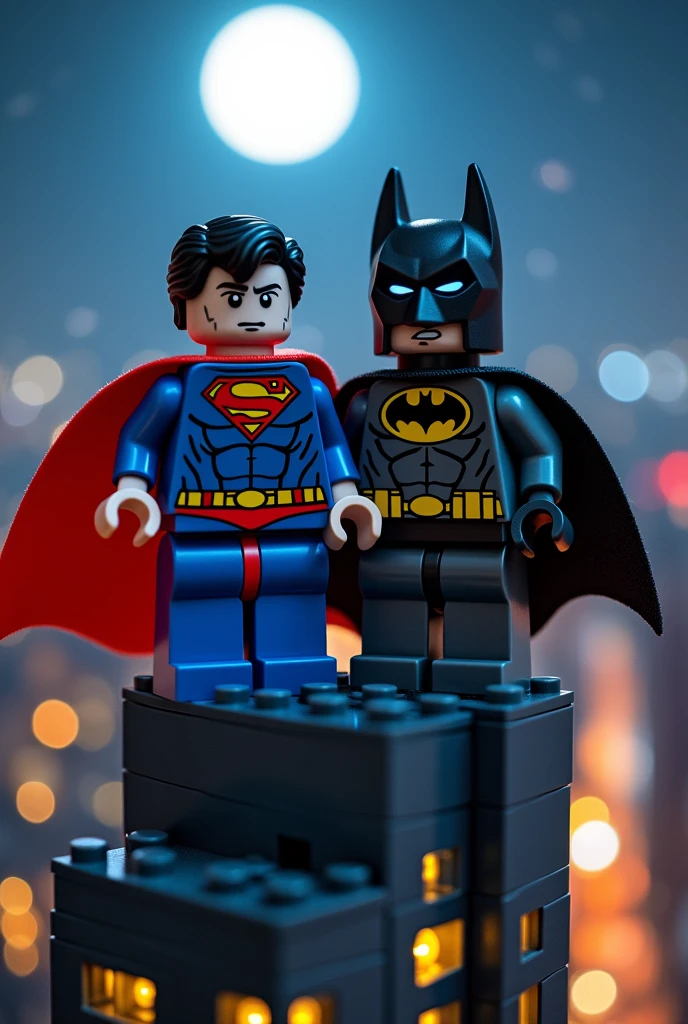 Superman and Batman in lego art, night