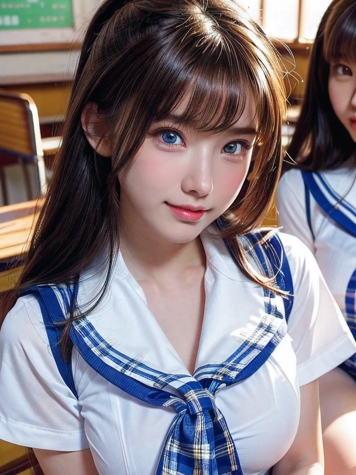 ((masterpiece, highest quality)), (Super detailed), ((super cute)), (Multi-point), ((very detailed)), 4k, highest quality, (beautiful), hyper cute face, Perfect Face, hyper genuineistic, Close-up, clear outline, (three cute school girls:1.5), (summer school girl uniform :1.3), ((beautiful eyes)), (leaning forward:1.3), natural skin texture, big breasts, romantic ambiance, Highly detailed CG, look shyly at the viewer