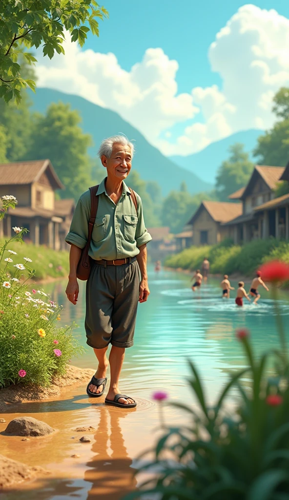 Uncle Tu is an elderly man, skinny with gray hair, usually wear old shirts and flip flops. His face is gentle and always smiling., small riverside village scene on a sunny day. People working in the fields, children playing by the river. Mr. Tu Thanh travels between areas, talk to people and help them.. 3d animation