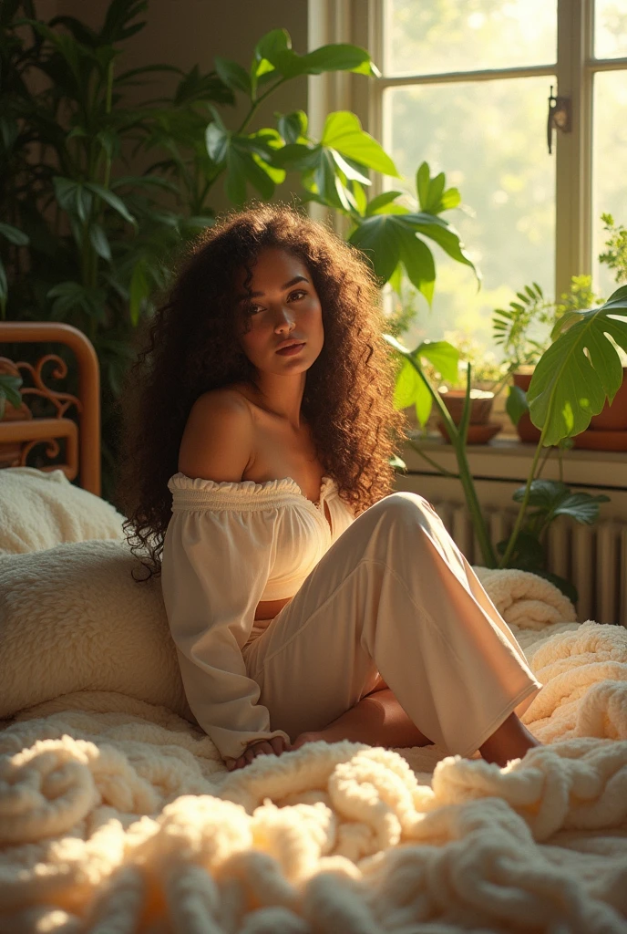 (photorealism:1.2), beautiful woman, sitting on bed, wearing loose off-shoulder top, pajama pants, long curly hair, indoors, soft lighting, plants in background, window with sunlight, cozy room, relaxed pose, realistic, intricate details, warm colors, by Greg Rutkowski, by Alphonse Mucha
