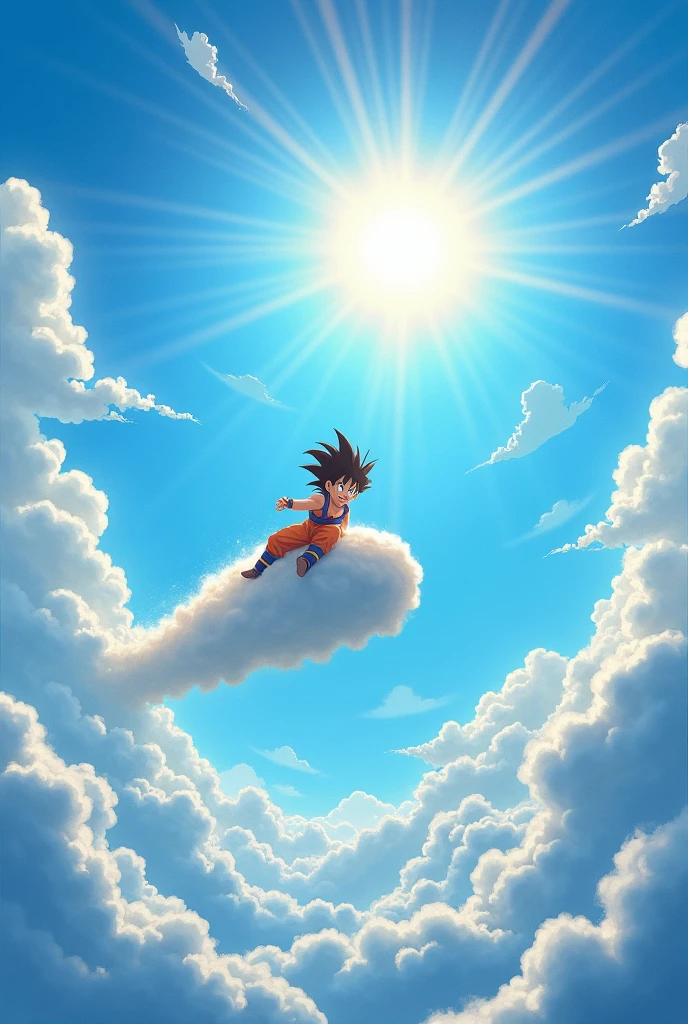 Blue sky and floating white clouds、With the sun shining brightly、A Dragon Ball character is flying through the sky on a flying cloud。The clouds are three-dimensional、There is a sense of depth、The characters are at the center