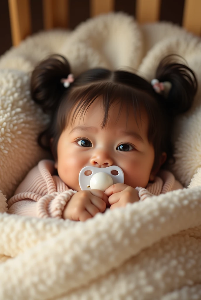 best quality,4k,8k,highres,masterpiece:1.2),ultra-detailed,(realistic,photorealistic,photo-realistic:1.37),HDR,UHD,studio lighting,ultra-fine painting,sharp focus,physically-based rendering,extreme detail description,professional,vivid colors,bokeh,portrait,cute baby,baby girl,baby sucking pacifier,baby in crib,baby blanket,soft lighting,warm color tones,tender moment,peaceful expression. 2 year. Sawo matang skin. Pigtail hairstyles. Biy eyes.