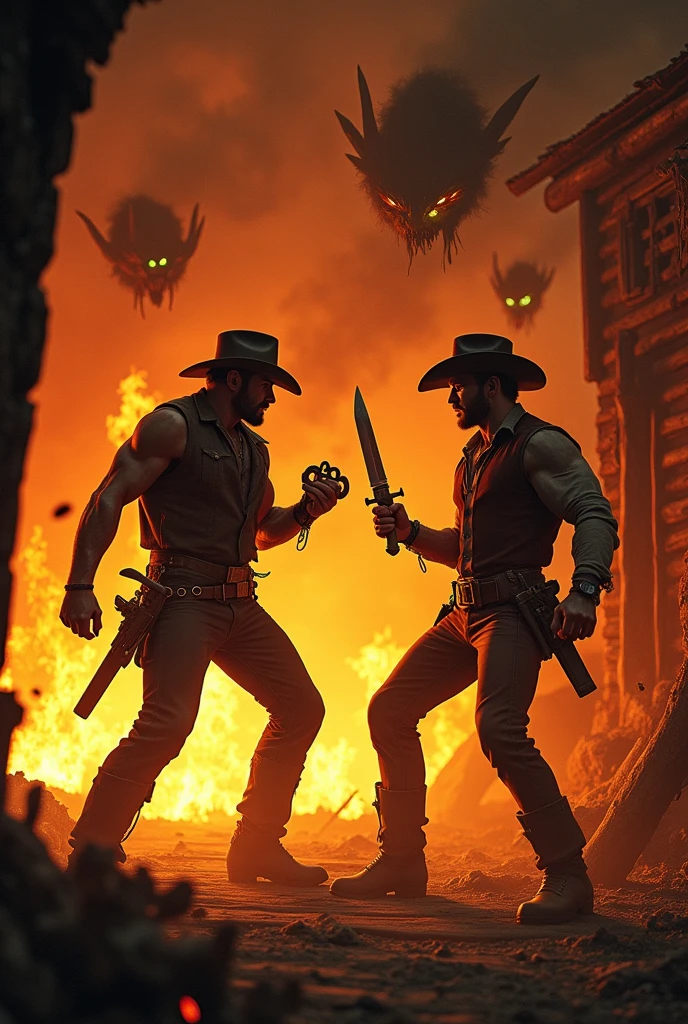 Two cowboys, have a fight against each other, it is in a hut that is burning, one has a knuckleduster and the other a knife, Demons attack them with fire eyes