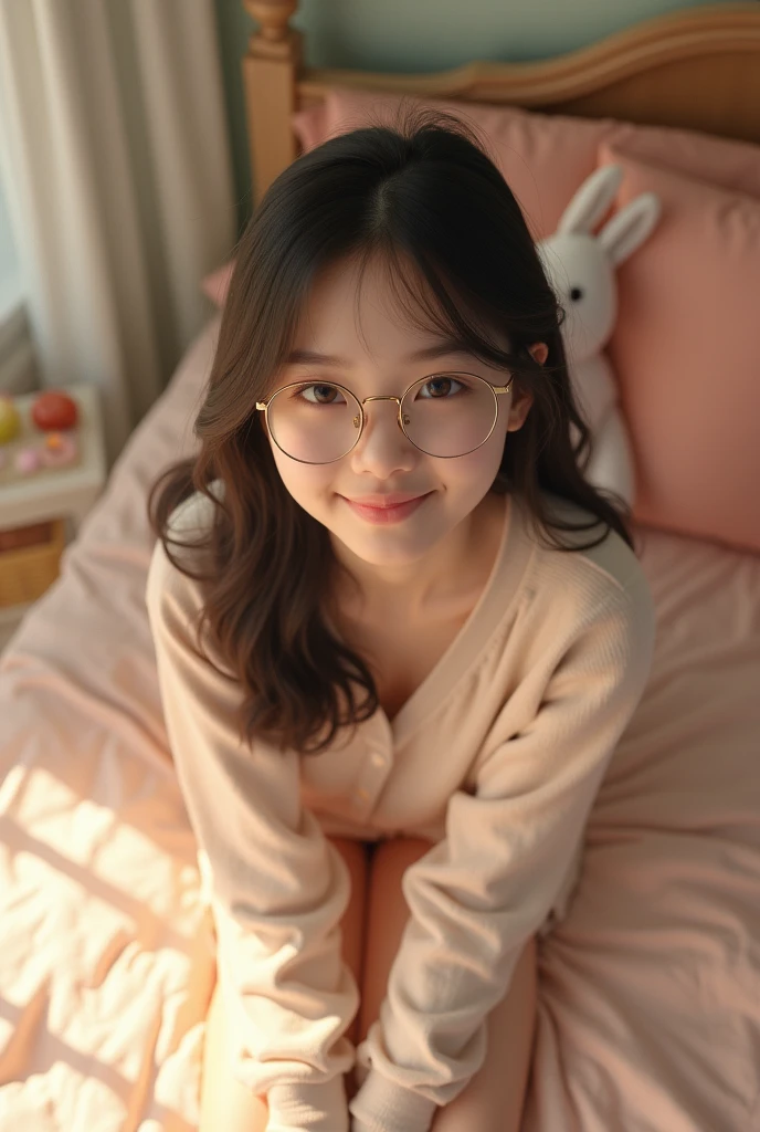 cute  Asian girl, glasses, slim figure, cute girl, No bra, photo taken from above, detailed face, beautiful eyes, long eyelashes, cute expression, cozy bedroom, photorealistic, 4k, high quality,ultra-detailed,(realistic,photorealistic,photo-realistic:1.37)