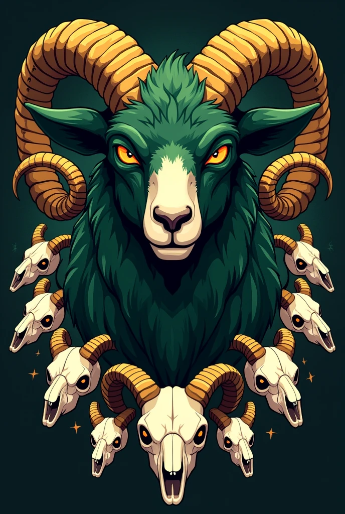 t-shirt design:
An animated adult lamb, furious, dark, with angry expression, frown and angry eyes, Closed mouth, green color with gold, long curved horns, muscular, with a frontal view from the neck up Bottom filled with lamb skulls