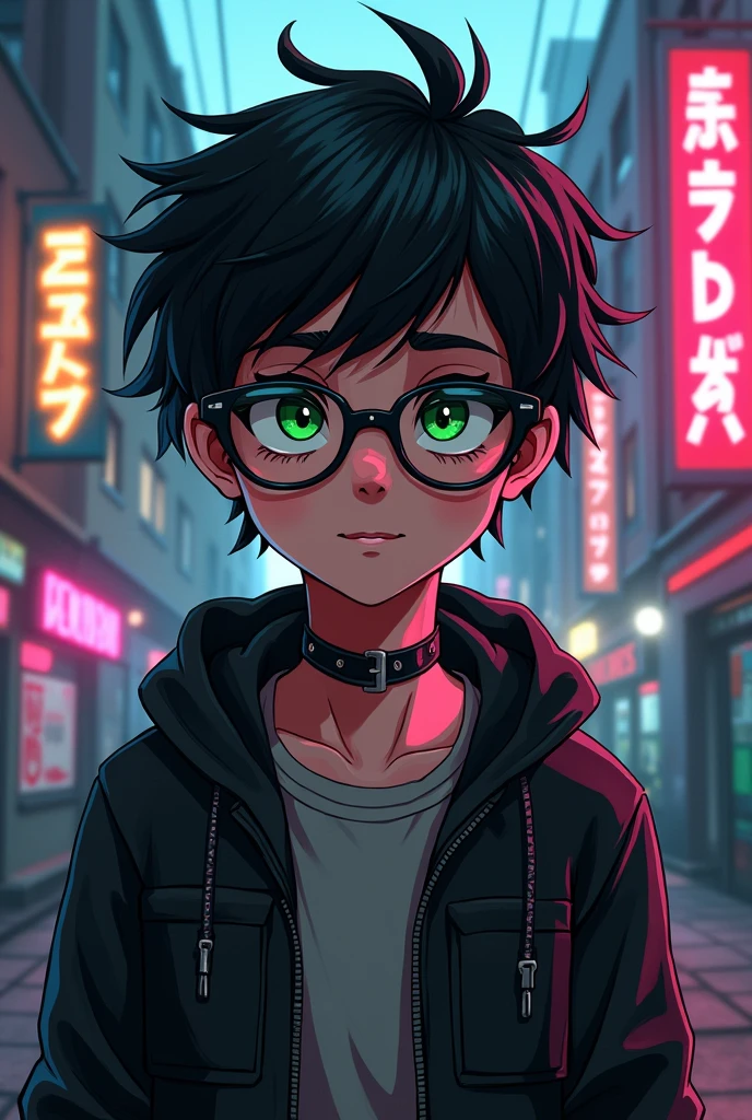 a emo boy cartoon character, punk outfit, black, very muscular, 14 year old, ben 10 cartoon, Highres, Masterpiece, Best quality at best,Best Quality,hight quality, hight detailed, boy, 1boy, shota, Green eye, black hair, short body, Emo uniform , Coolarbone, upper body, Choker, Seen from the front, (Armpit), uhd, wear glasses