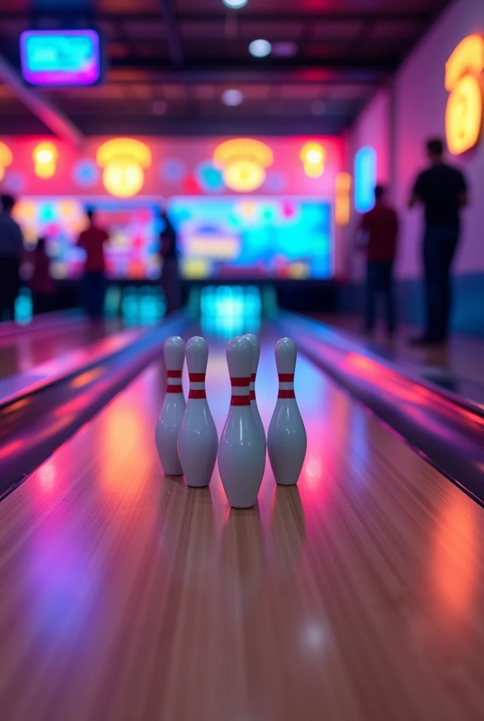 picture bowling lane 2 pins are knocked over, 8 cones still standing
