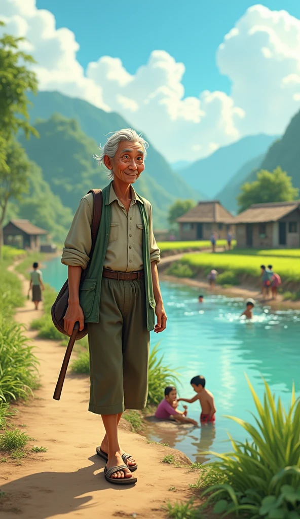 Uncle Tu is an elderly man, skinny with gray hair, usually wear old shirts and flip flops. His face is gentle and always smiling., small riverside village scene on a sunny day. People working in the fields, children playing by the river. Mr. Tu Thanh travels between areas, talk to people and help them.. 3d animation 