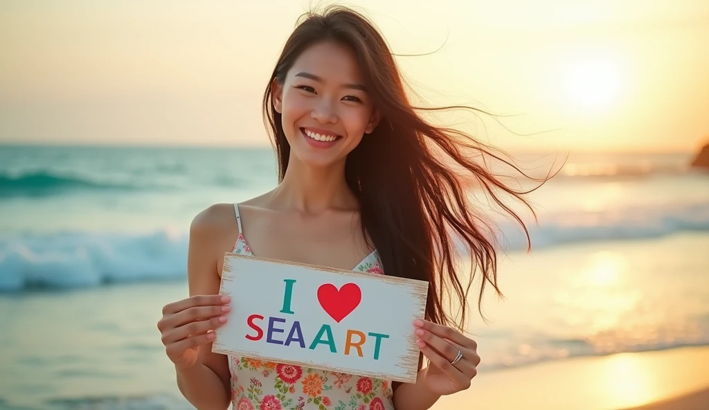 A beautiful and lovely Asian lady holding a sign "I LOVE SEAART", hapiness, hapiness的, , Reality, painting，Photography Lighting，outdoor