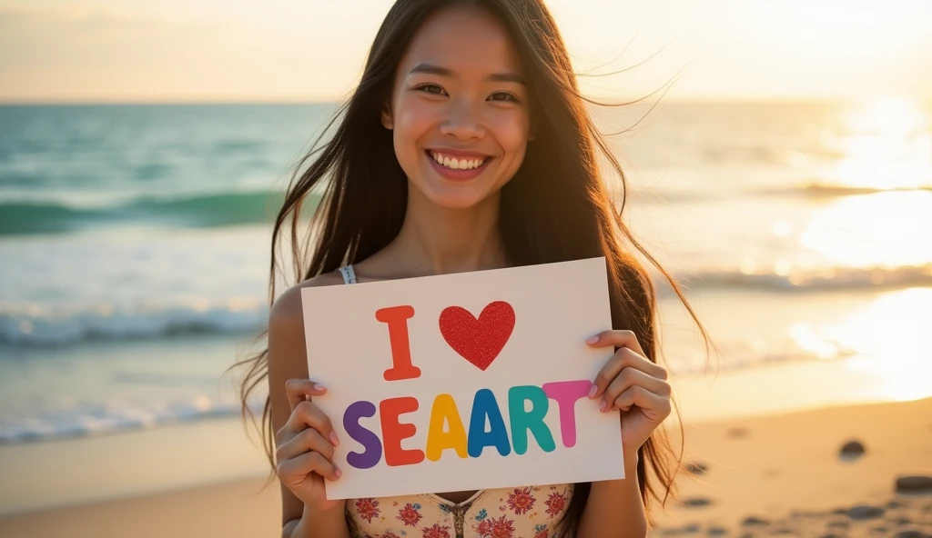 A beautiful and lovely Asian lady holding a sign "I LOVE SEAART", hapiness, hapiness的, , Reality, painting，Photography Lighting，outdoor