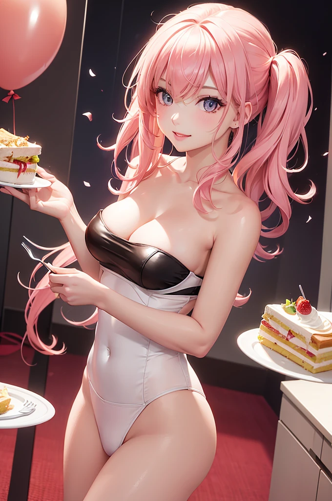 Best Quality,High resolution,8k,(plain white background, no patterns, no textures, just a plain white background:1.3),Masterpiece:1.2),beautiful girl,(Shiny pink hair),messy hair,Beautiful pink eyes,From the viewer's perspective, a seductive woman leans in close, (holding a fork with a piece of cake just inches from your lips:1.3), her eyes locked on yours with a playful yet intense gaze. She’s dressed in a sleek, form-fitting outfit that accentuates her curves, and the warm atmosphere of the room, filled with balloons and streamers, enhances the celebratory mood,Gentle look,A refreshing look,smile,Best quality,Best Quality,Aesthetic and aesthetic:1.2,Best details((Super detailed))(High-definition CG illustrations),Slender body,smile,blush,Mature look,cute,Scrounge,Looking up,Being spoiled,super model