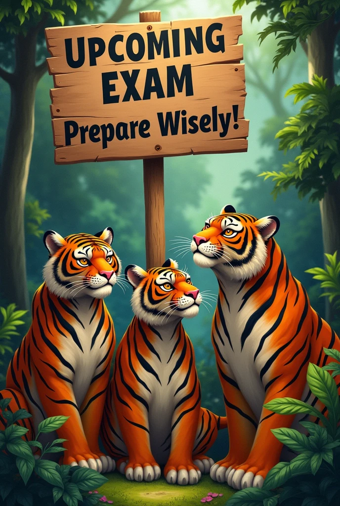 Make the announcement of an exam while, while the group of tigers look at the warning with worried faces