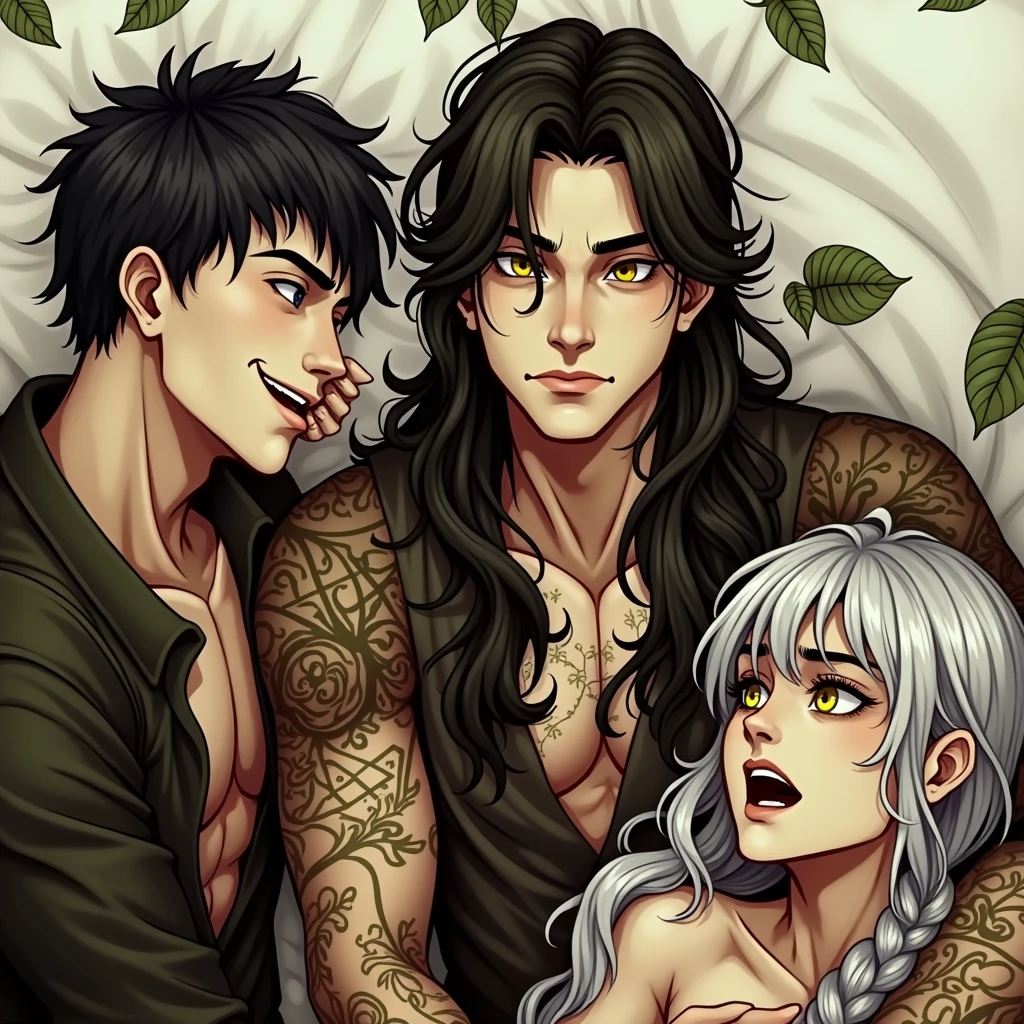 drawing in manhwa style, Tree men, with penis, two with black hair, one short and the other long, They both have tattoos and the third one has silver hair and yellow eyes.. All three are shirtless, lying in a bed, kissing each other. THERE ARE 3 BOYS, THERE ARE NO WOMEN IN THIS DESCRIPTION