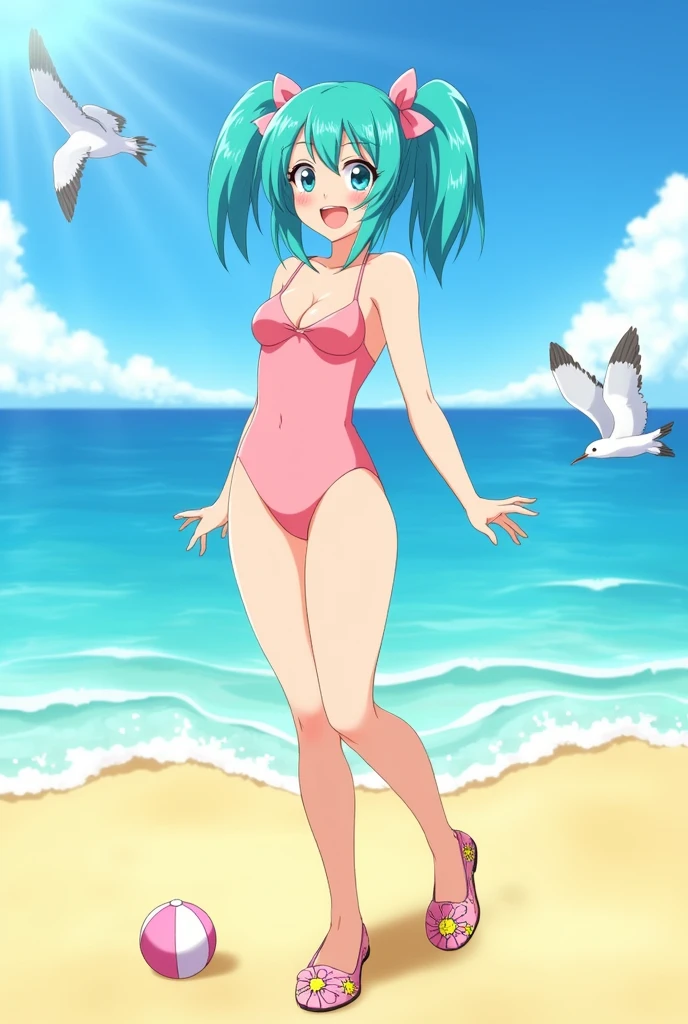 anime girl in tiny swimsuit showing her nipples and flat shoes