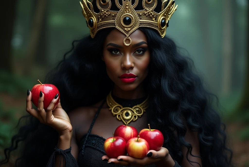 girl,Black long hair,Black Queen,Accessories,Apple in hand,Poison apples,Witch Queen,Red lipstick,close up