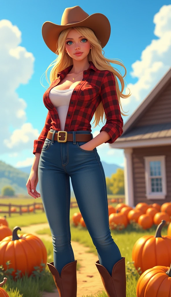 Masterpiece, art, full body shot, young beautiful woman, flawless skin, textured skin, very large firm breasts, perfect proportions, cowgirl, plaid shirt, jeans, boots, hat, gloves, farmhouse, sunshine, blue sky, pumpkin patch, anime, sexy, erotic, UHD resolution, realistic detail, realistic reflections, realistic shadows, 3D, 