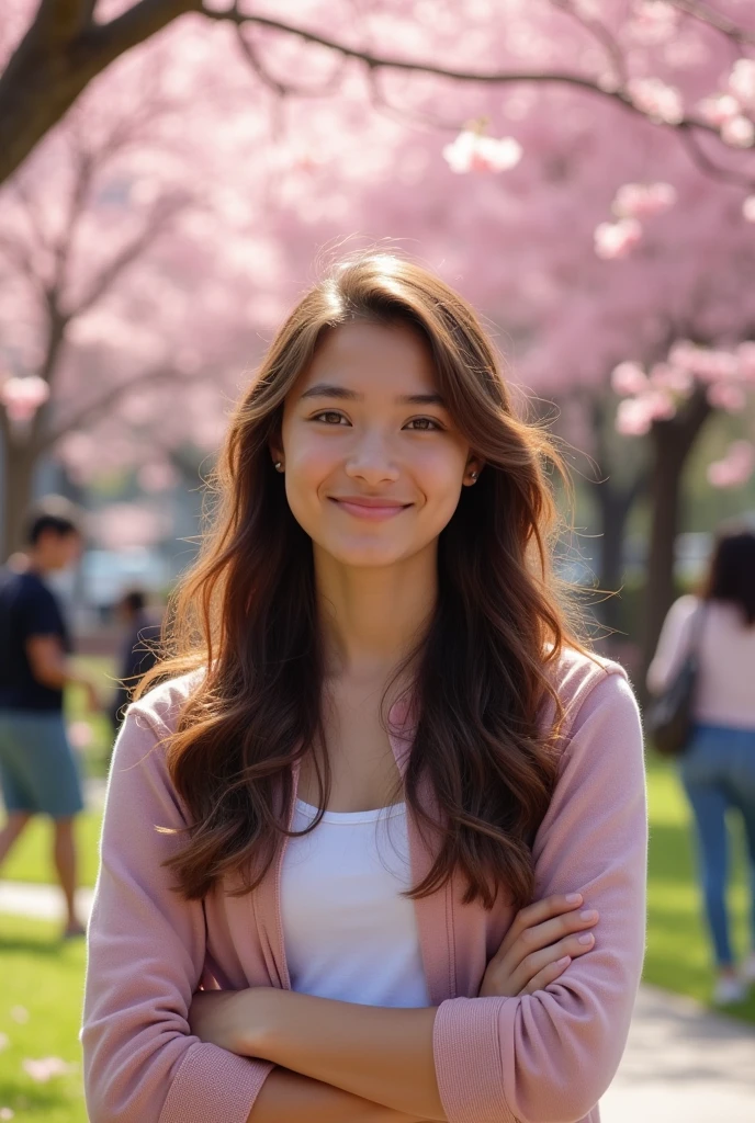 Create an image of a mixed American-Japanese Asian teenage girl with brown wavy hair