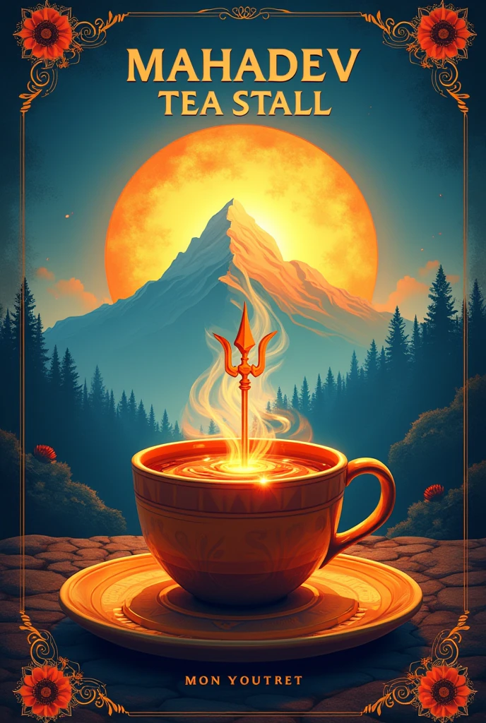 Design a vibrant and eye-catching banner for 'Mahadev Tea Stall'. Feature a large, inviting image of a steaming cup of tea to emphasize the warmth and comfort. Incorporate elements related to Lord Shiva, such as a trident (trishul) or a depiction of the sacred mountain, to highlight the spiritual theme. Use bold, traditional fonts for the text, and choose a color palette with rich, earthy tones like deep blues, oranges, and browns to create an engaging and appealing visual. Include the stall's name prominently, along with any special offers or taglines, in a way that stands out against the background.