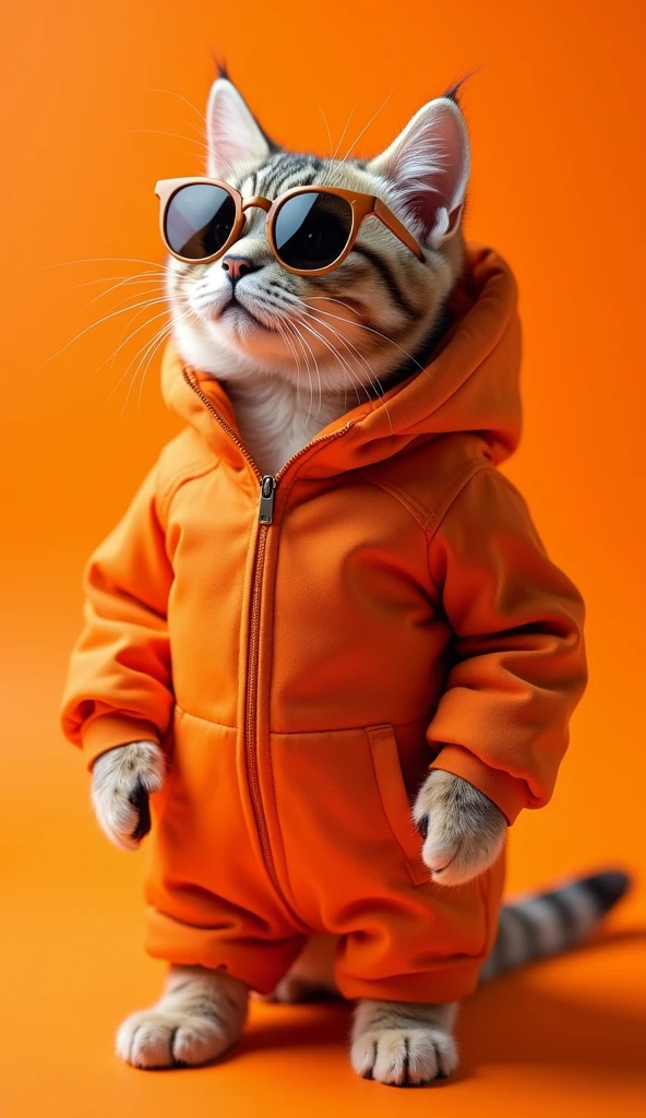 The best background'mobile screen, Award winning wallpaper, Photographie de portrait, Front view, il y a un portrait d'un chat mignon habillé de vêtements spatiaux du milieu du siècle des années 1960.., side view, photo prise avec le Canon EOS R5, Establish a marked contrast that highlights the subject., Fluorescent orange tint, Porter des vêtements urbains très modernes et des lunettes de soleil est un style moderne des années 60.., Des vêtements d'one color., beautiful background