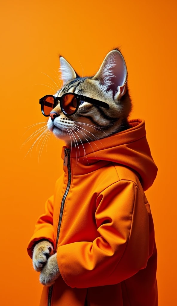 The best background'mobile screen, Award winning wallpaper, Photographie de portrait, Front view, il y a un portrait d'un chat mignon habillé de vêtements spatiaux du milieu du siècle des années 1960.., side view, photo prise avec le Canon EOS R5, Establish a marked contrast that highlights the subject., Fluorescent orange tint, Porter des vêtements urbains très modernes et des lunettes de soleil est un style moderne des années 60.., Des vêtements d'one color., beautiful background