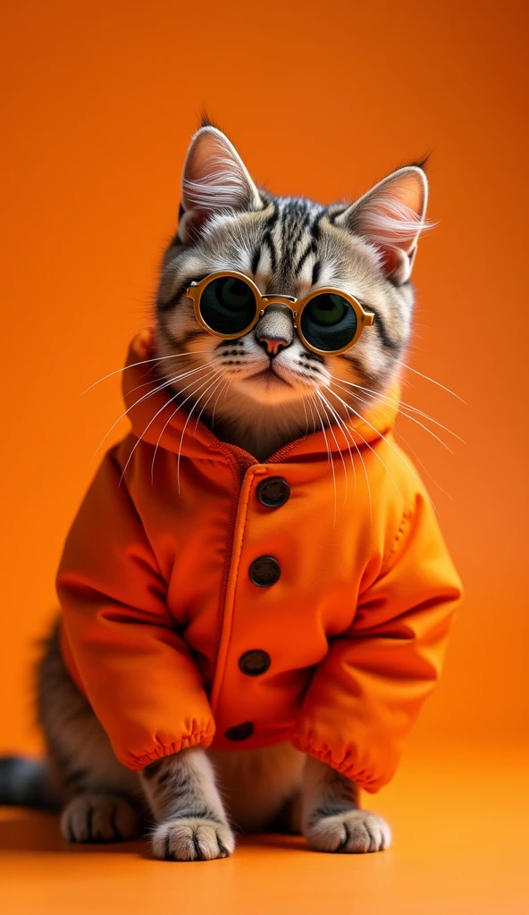 The best background&#39;mobile screen, Award winning wallpaper, Photographie de portrait, Front view, il y a un portrait d'un chat mignon habillé de vêtements spatiaux du milieu du siècle des années 1960.., side view, photo prise avec le Canon EOS R5, Establish a marked contrast that highlights the subject., Fluorescent orange tint, Porter des vêtements urbains très modernes et des lunettes de soleil est un style moderne des années 60.., Des vêtements d&#39;one color., beautiful background