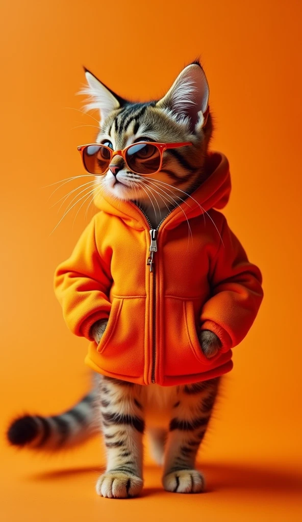 The best background'mobile screen, Award winning wallpaper, Photographie de portrait, Front view, il y a un portrait d'un chat mignon habillé de vêtements spatiaux du milieu du siècle des années 1960.., side view, photo prise avec le Canon EOS R5, Establish a marked contrast that highlights the subject., Fluorescent orange tint, Porter des vêtements urbains très modernes et des lunettes de soleil est un style moderne des années 60.., Des vêtements d'one color., beautiful background