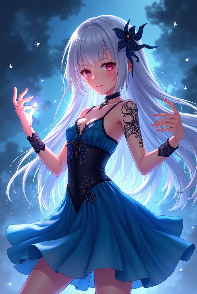 A anime girl with blue and black dress And her eye is red .Magical power in her hand And her hair is white and black Beautiful tattoo in her and and a magical triangle ring in her wrist .