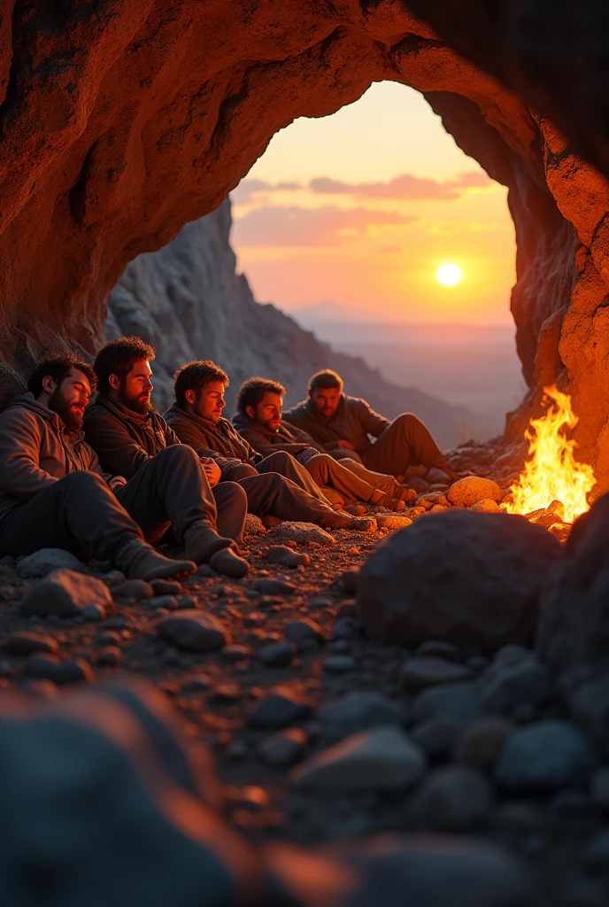 A group of 5 mens and a small boy age of 8 with a bright sunset.all the people's were slept in a cave with a fire camp