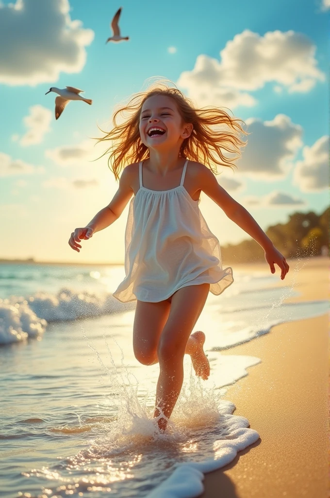 I girl running on beach with naked boobs