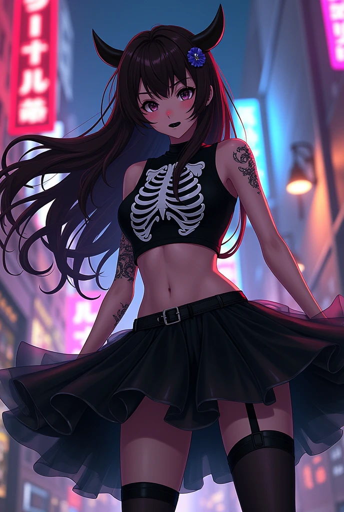 Anime girl with long dark brown hair, black eyes, black painted lips, She is wearing a black tutu skirt, skeleton crop top