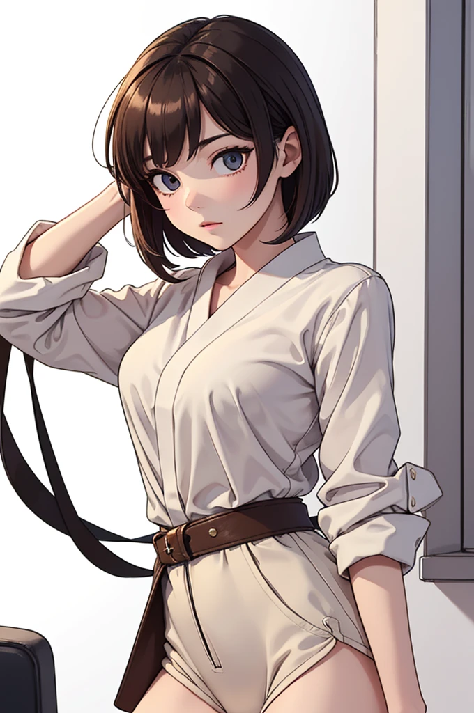 (((masterpiece, best quality, ultra highres, 1 girl, solo, no background))), super detailed skin and face and eyes and finger, beautiful japanese woman, small breasts:1.5, skinny, light brown hair, very short mush hair, cowboy shot, white background, 2D anime, boyish, expressionless, Various clothes, Various poses, Please draw the entire character within the frame, ensuring that the head, arms and legs are not cut off, with the character positioned centrally, female genitals visible through tight clothing,