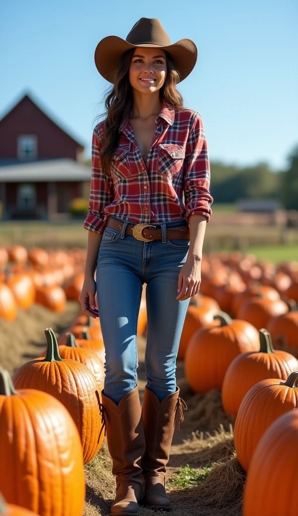 Masterpiece, art, full body shot, young beautiful woman, flawless skin, textured skin, very large firm breasts, perfect proportions, cowgirl, plaid shirt, jeans, boots, hat, gloves, farmhouse, sunshine, blue sky, pumpkin patch, anime, sexy, erotic, UHD resolution, realistic detail, realistic reflections, realistic shadows, 3D,